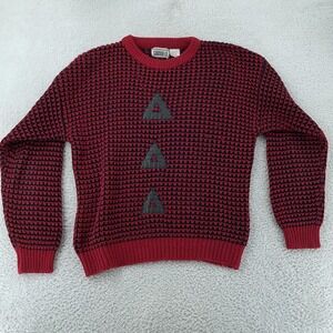 Vintage Gabrielle Sweater‎ Womens Medium Red Black Chunky Knit Leather Trim 90s